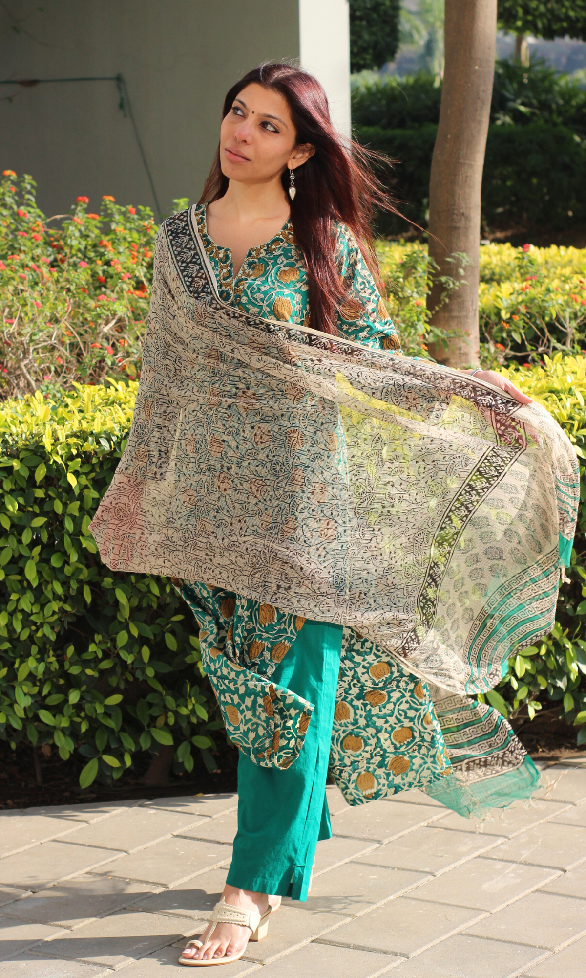 Baareeki Cotton Green Handblock Kalamkari Print Suit with Kota Doria Dupatta