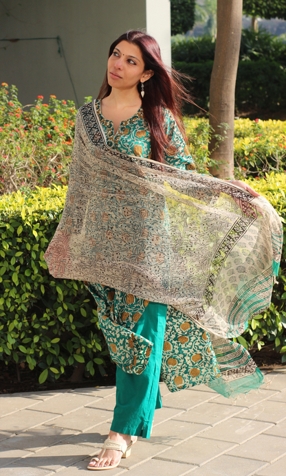 Baareeki Cotton Green Handblock Kalamkari Print Suit with Kota Doria Dupatta