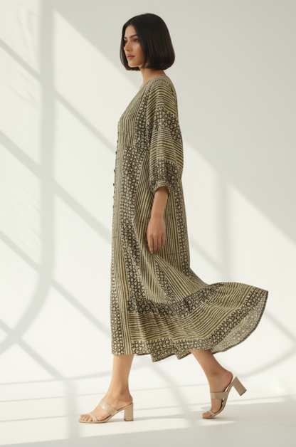 Maati  Olive Merlot Front Button Cotton Dress With Ruffle Border