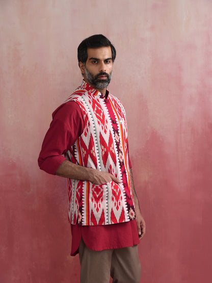 trueBrowns Men's Maroon Ikat Reversible Nehru Jacket
