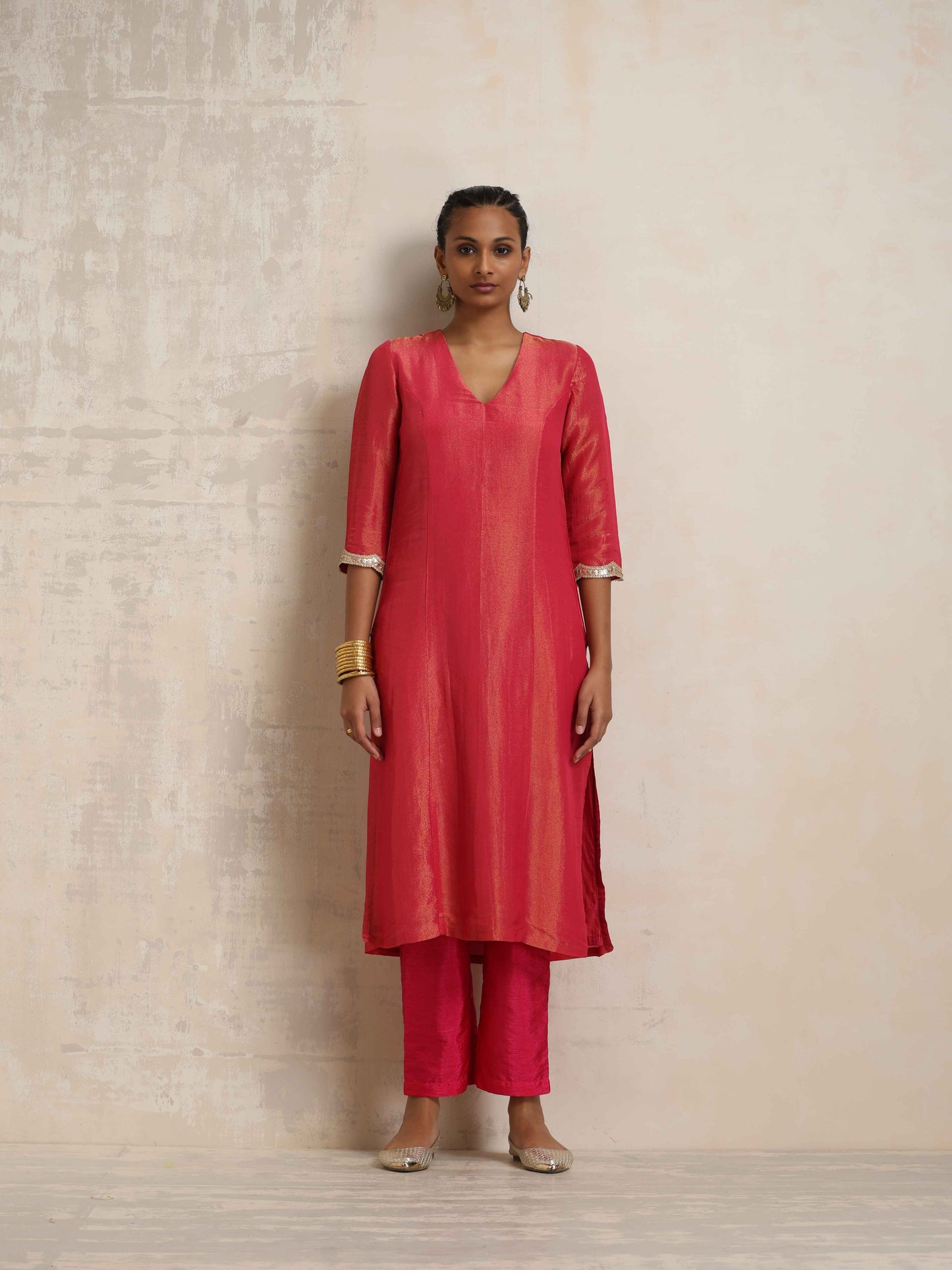 trueBrowns Hot Pink Tissue Straight Kurta Set