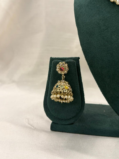 Royal Polki Design Pearl Choker Necklace Set with Jhumka Earrings