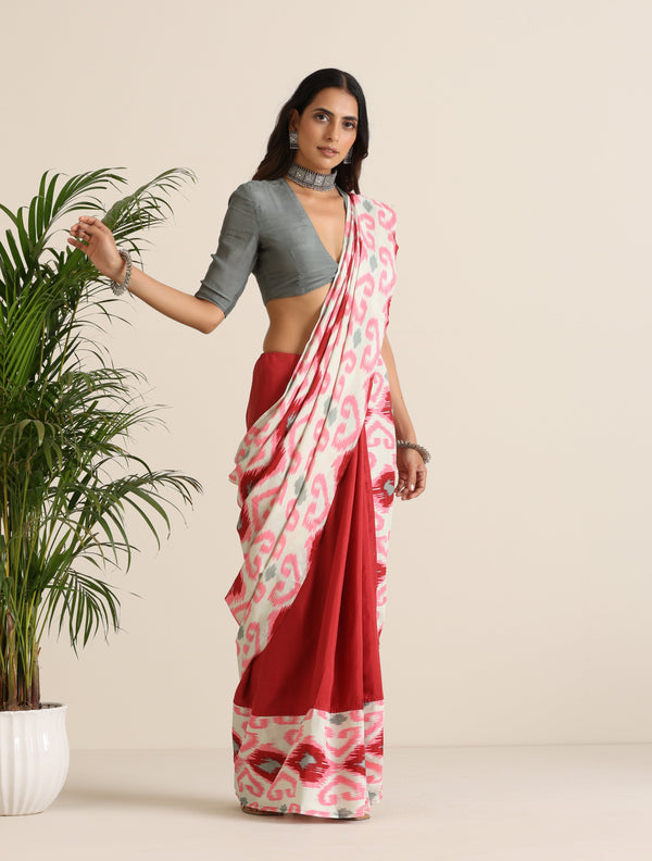 trueBrowns Maroon Grey Muslin Ikat Ready to Wear Saree