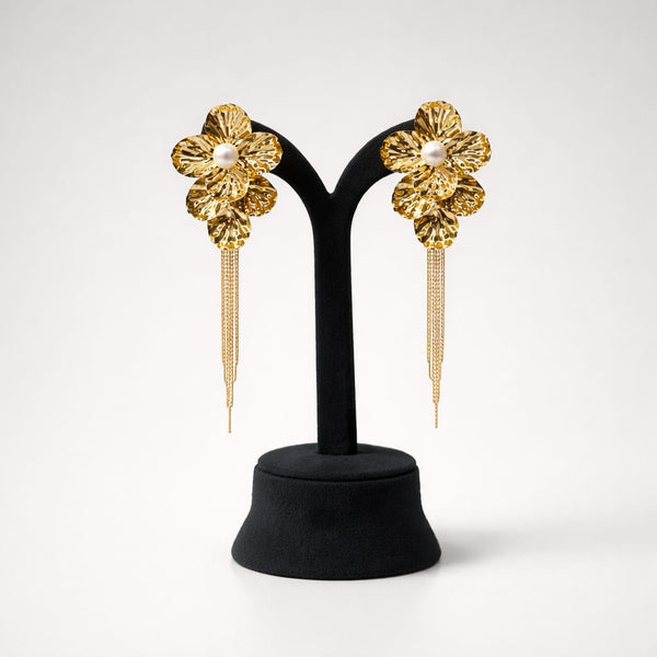 Golden Anti Tarnish Floral Statement Earrings with Pearl & Chain Tassels LP- 48Hr Delivery
