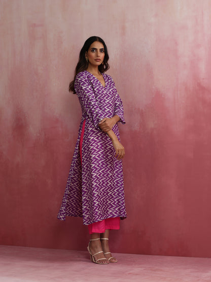 trueBrowns Purple Muslin Silk Printed Kurta Set