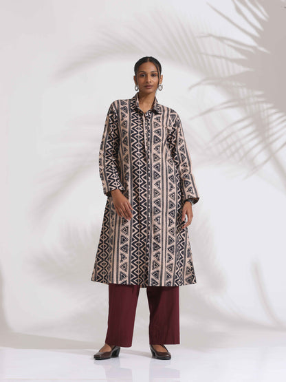 trueBrowns Beige Cotton Geometric Print Shirt Kurta Set