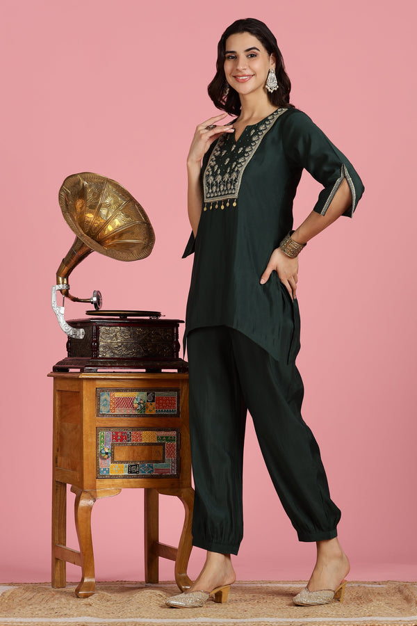 Chanderi Silk Bottle Green Kurta and Pants with Pocket  2PCS Set - LP