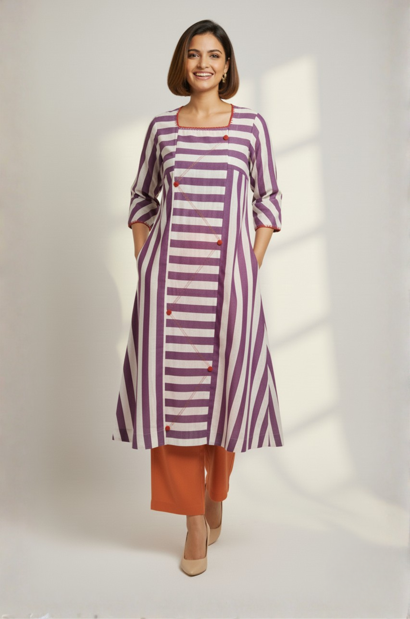 Maati  Lavender Stride Cotton Square Neck Panelled Long Kurta