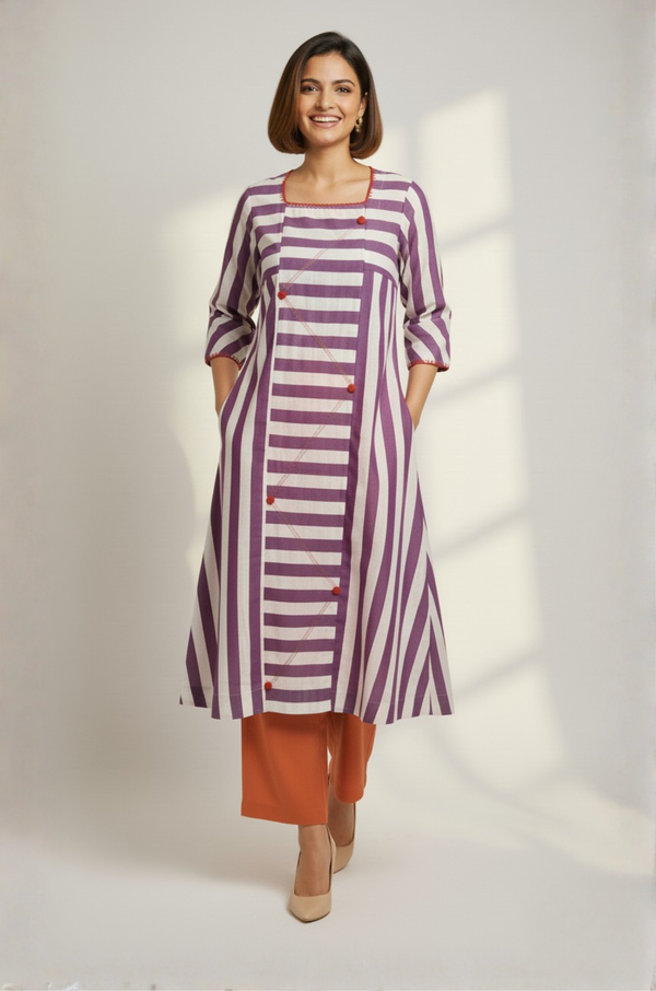 Maati  Lavender Stride Cotton Square Neck Panelled Long Kurta