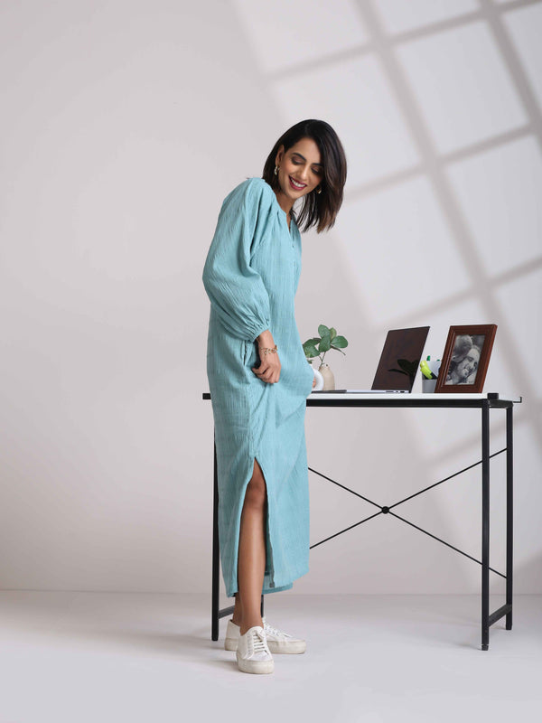 trueBrowns Aqua Blue Cotton Dobby Dress