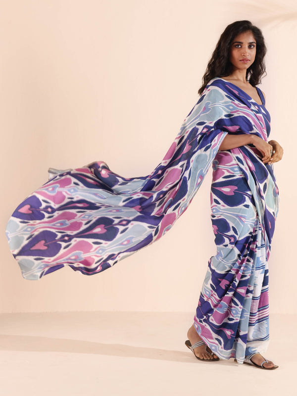 trueBrowns Blue Purple Muslin Ikat Saree