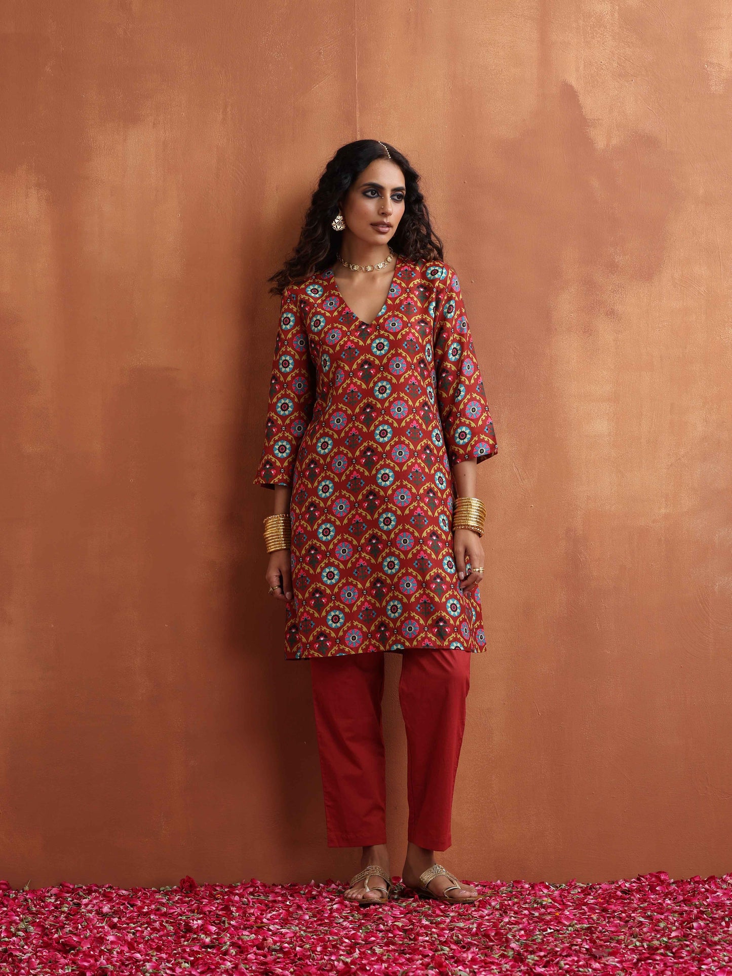 trueBrowns Rust Print Kurta Co-ord Set