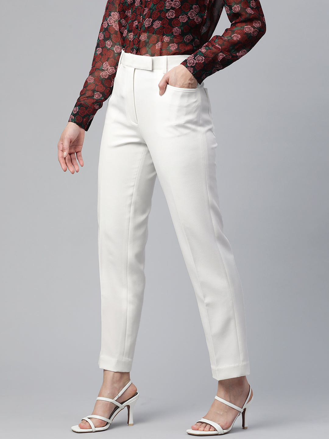 Regular Fit Mid Waist Stretch trouser- White