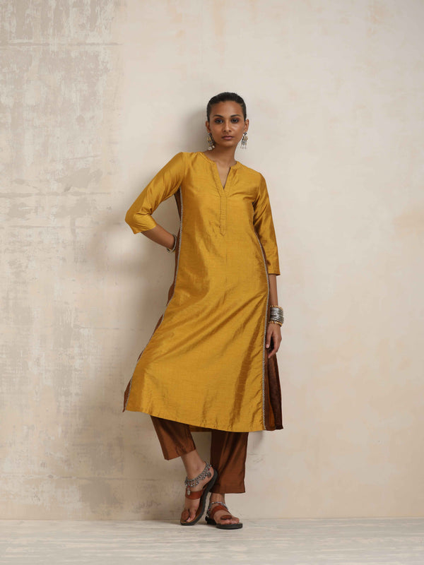 trueBrowns Gold Silk Straight Kurta Set
