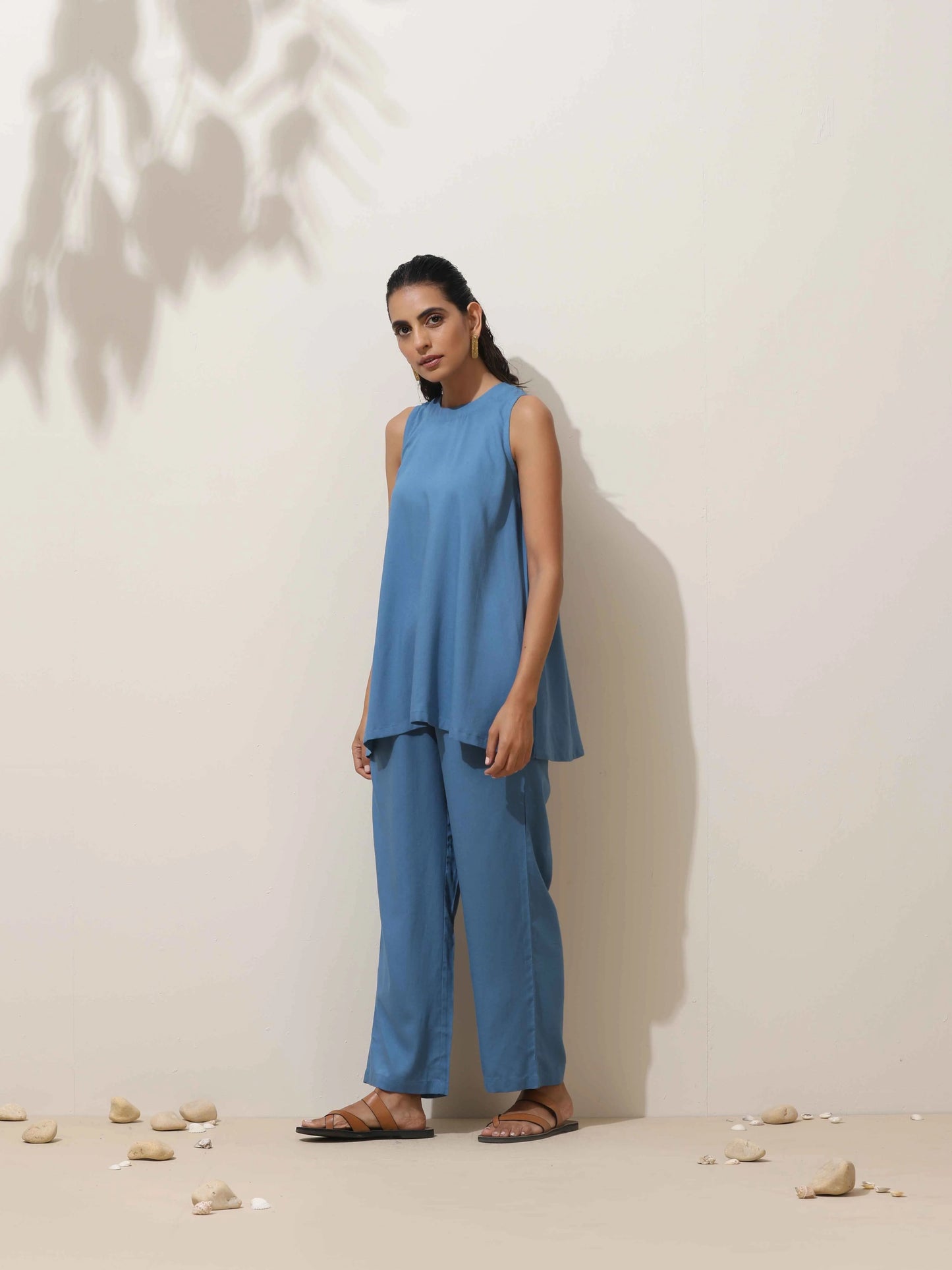 trueBrowns Blue Viscose Solid Co-ord Set