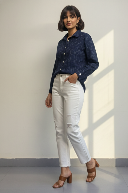 Maati  Indigo Drift Cotton Button Down Shirt