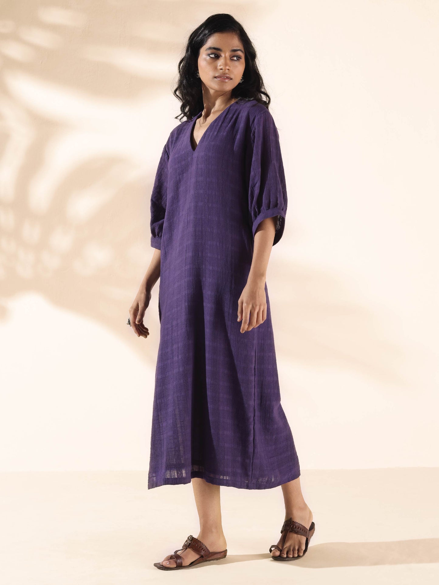 trueBrowns Purple Cotton Dobby Slit Dress