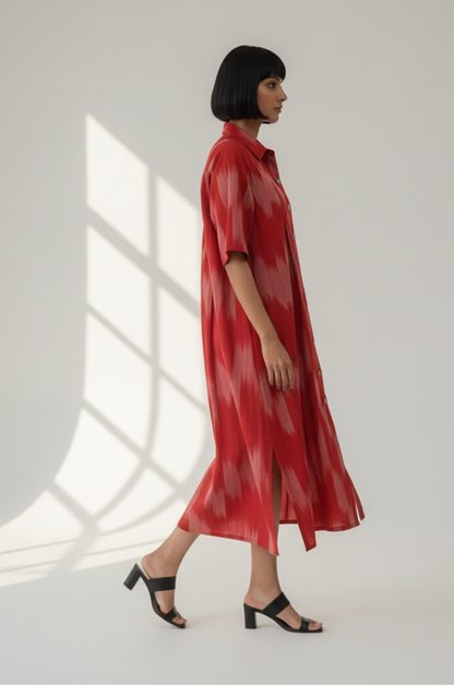 Maati  Ash Rose Cotton Ikat Box Pleat Button Down Shirt Dress