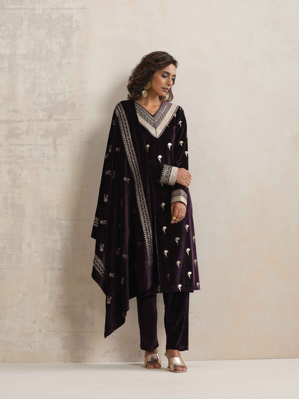 trueBrowns Wine Velvet Floral Embroidered Kurta Pant Dupatta Set