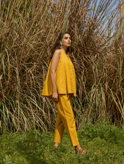 trueBrowns Mustard Cotton Embroidered Flared Co-ord Set