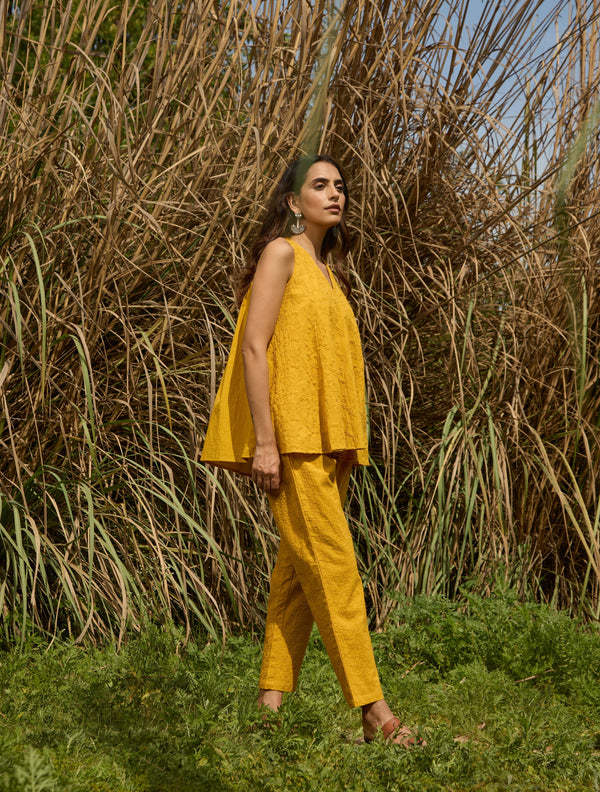 trueBrowns Mustard Cotton Embroidered Flared Co-ord Set