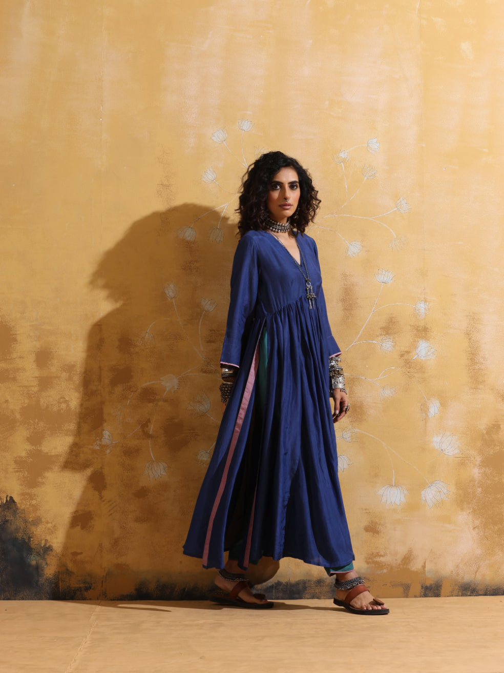 trueBrowns Blue Muslin Silk Anarkali Kurta Pant Set