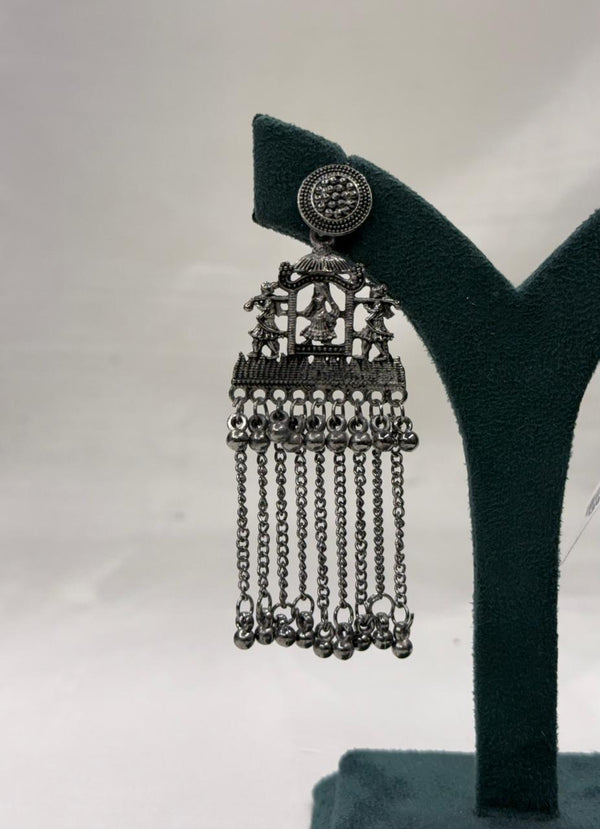 Oxidised Metal Tribal Temple Hanging Earrings with Chain Tassels