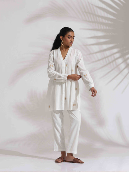 trueBrowns Off-White Cotton Embroidered A-line Co-ord Set