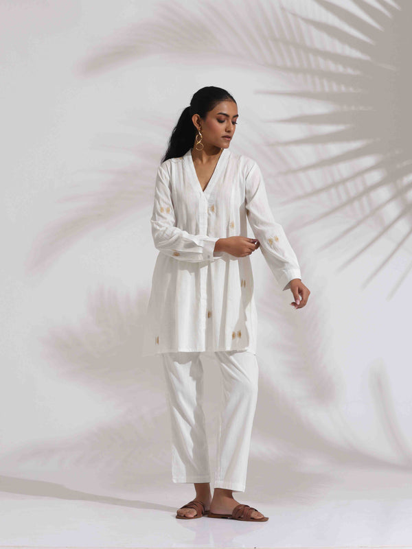 trueBrowns Off-White Cotton Embroidered A-line Co-ord Set