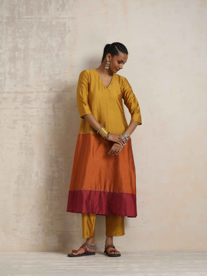 trueBrowns Gold Orange Silk A-line Kurta Set