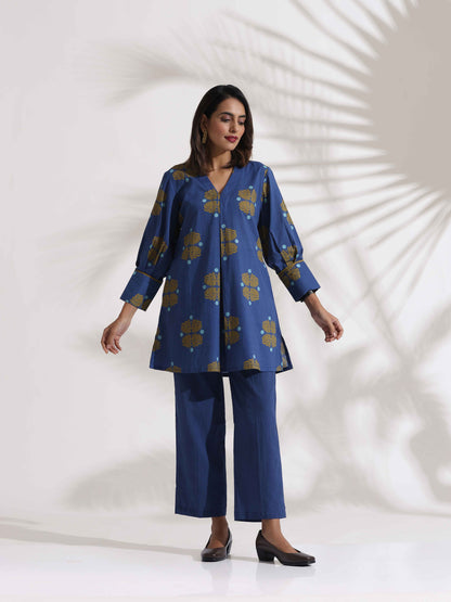 trueBrowns Blue Cotton Print Top & Pants Co-ord Set