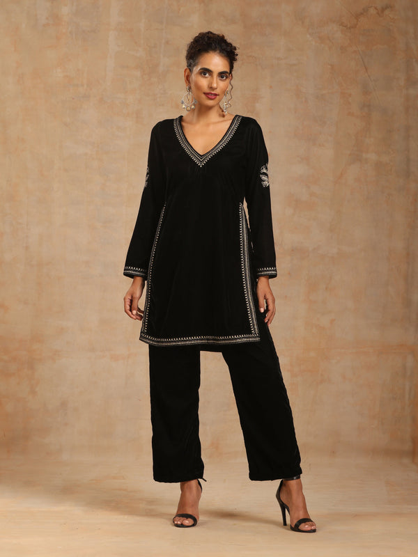 trueBrowns Black Velvet Embroidered Co-ord Set