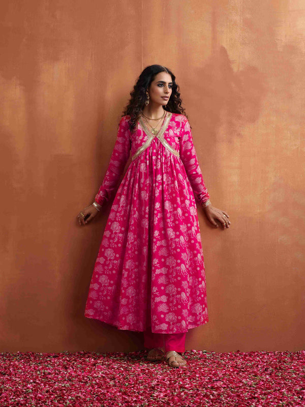 trueBrowns Red Print Flared Anarkali Kurta Set