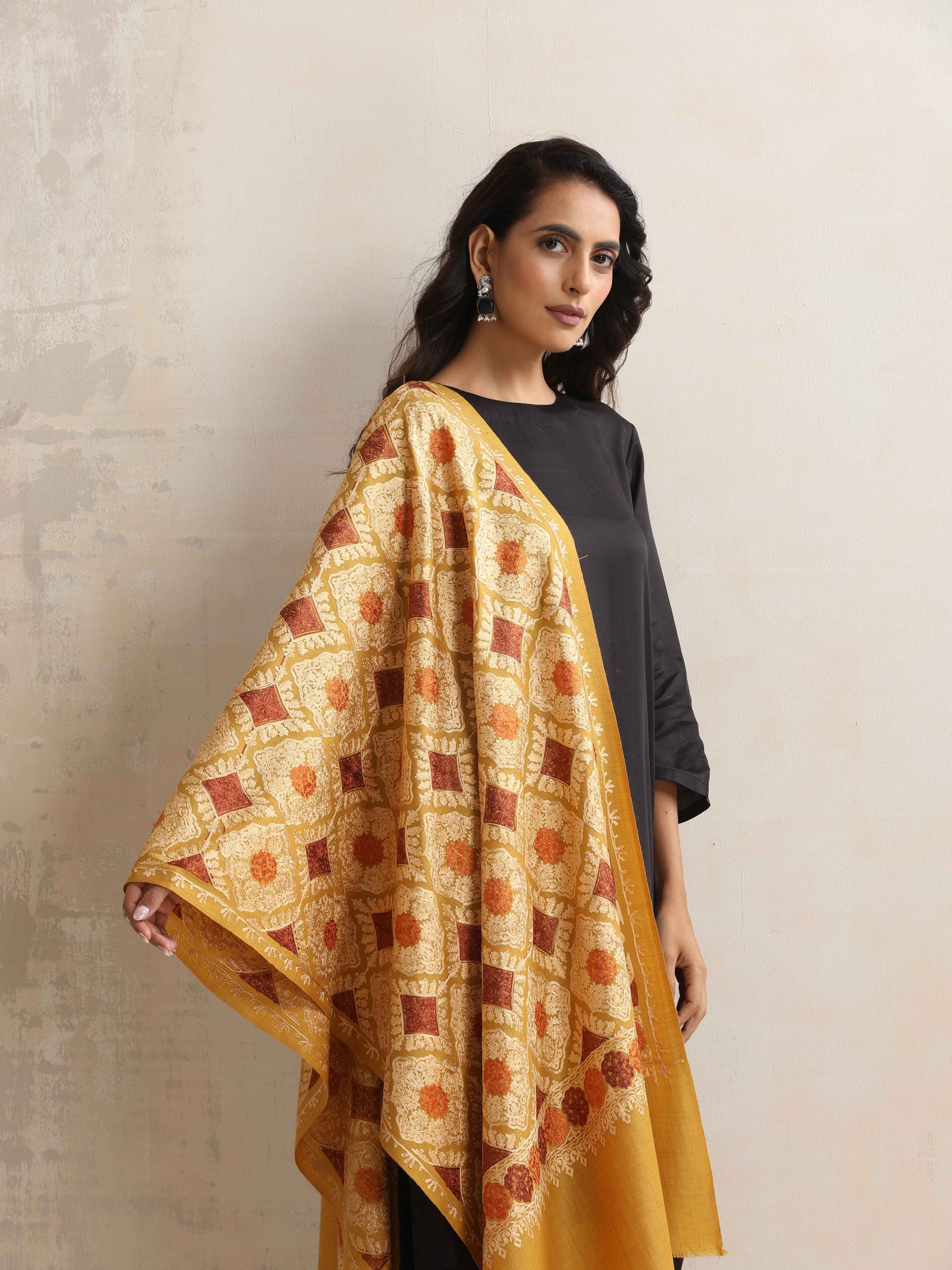 trueBrowns Mustard Embroidered Stole