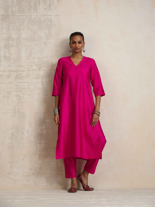 trueBrowns Pink Silk High Slit Kurta Set