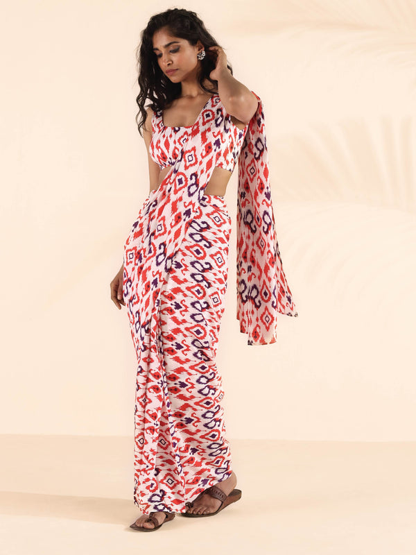 trueBrowns Carrot Muslin Ikat Saree