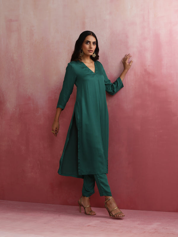 trueBrowns Green Modal Pleated Kurta Set