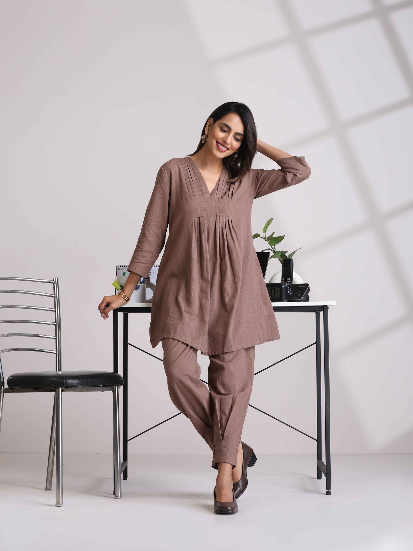 Cotton Linen Burnt Brown Pleated Co-Ord Set