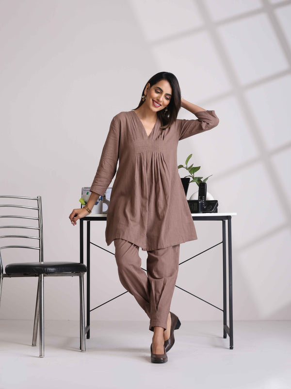 Cotton Linen Burnt Brown Pleated Co-Ord Set