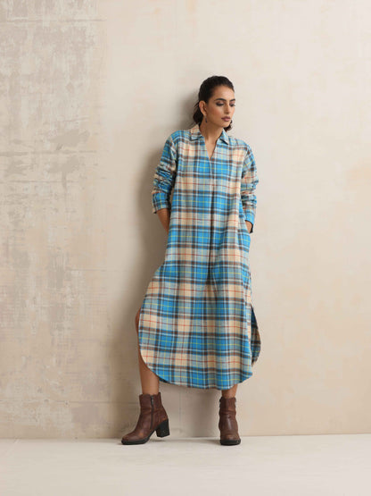 trueBrowns Beige Check Pleated Winter Dress