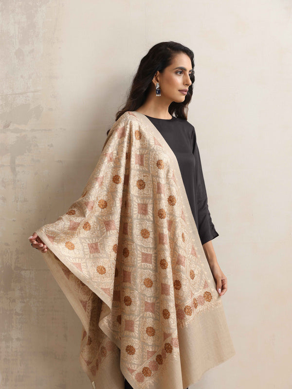 trueBrowns Beige Geometric Embroidered Woollen Stole