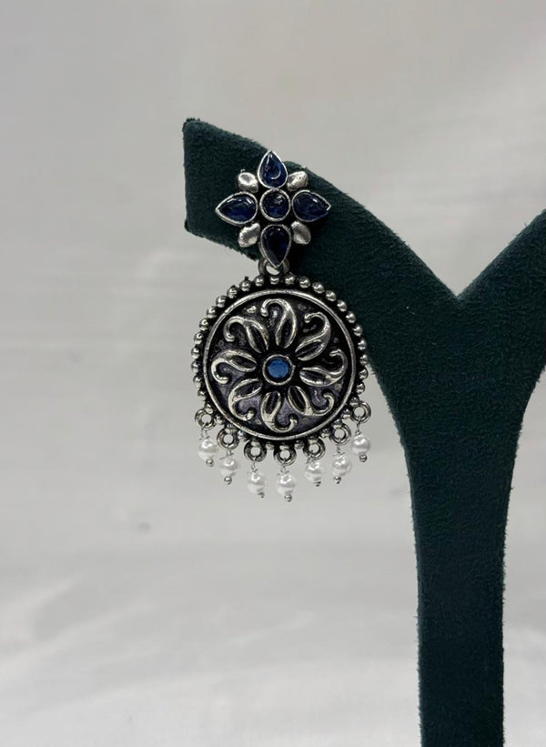 Oxidized Metal Blue Floral Drop Earrings with Pearl Dangles