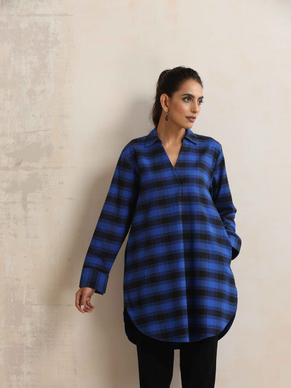 trueBrowns Blue Check Pleated Winter Top