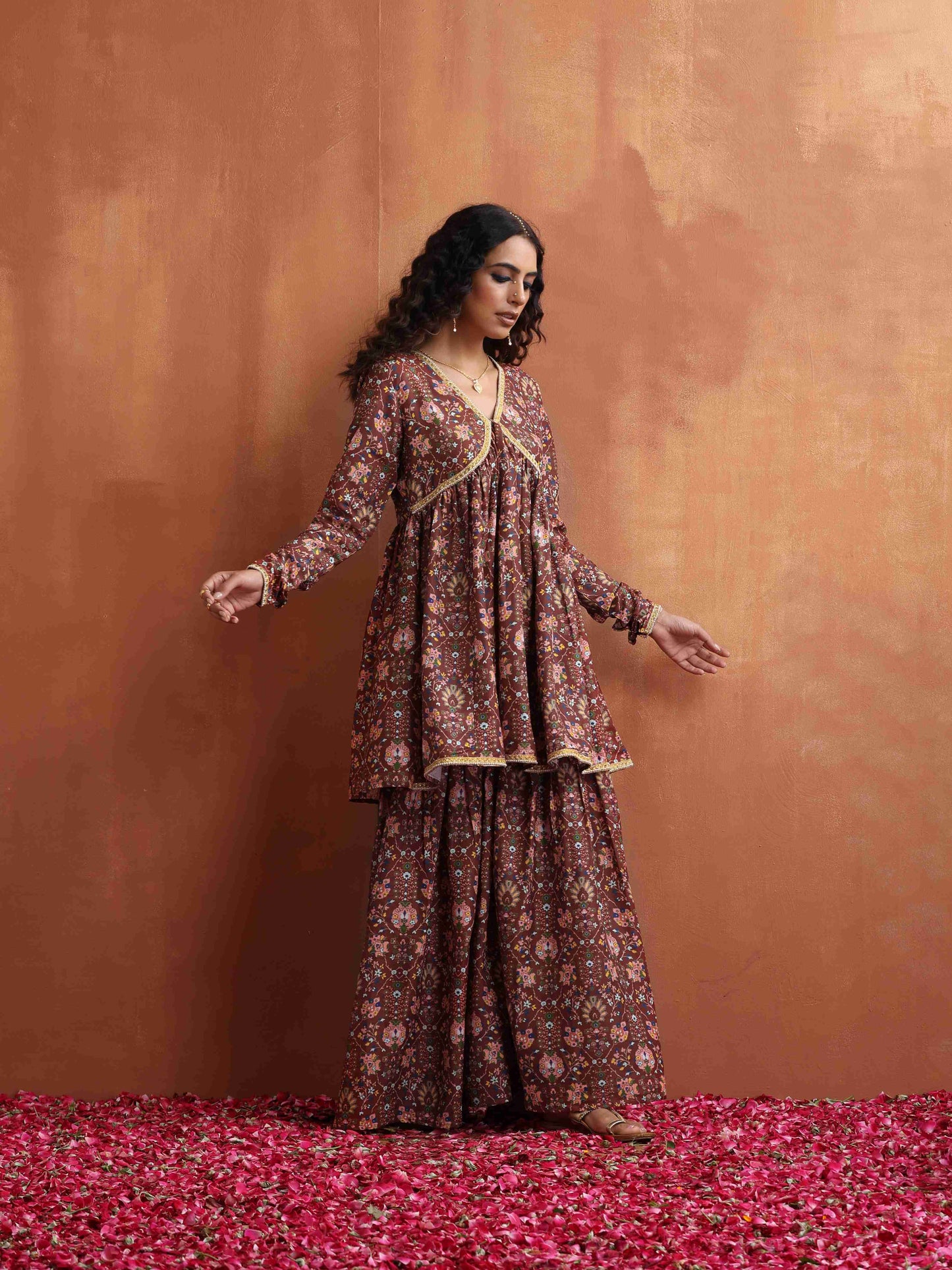 trueBrowns Brown Print Sharara Set