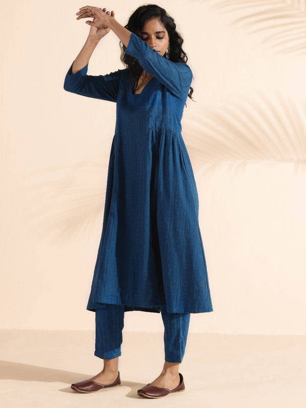 trueBrowns Blue Cotton Dobby Flared Kurta Pant Set