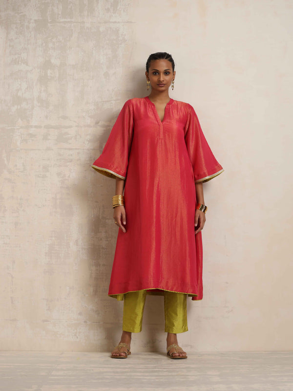 trueBrowns Hot Pink Tissue Flared Kurta Set