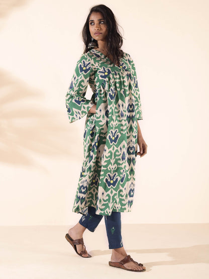 trueBrowns Green Cotton Ikat Flared Kurta Pant Set