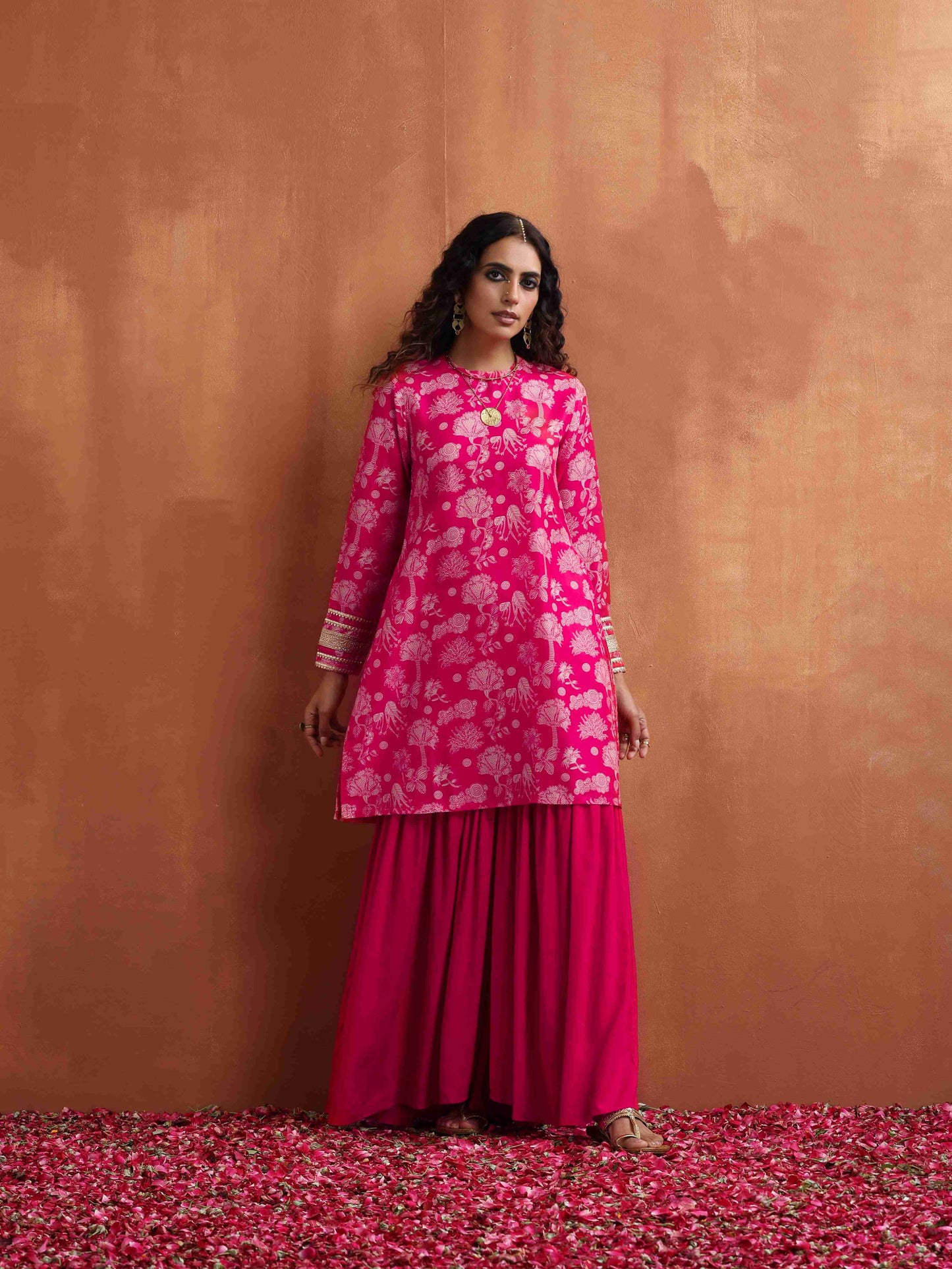 trueBrowns Red Print Sharara Set