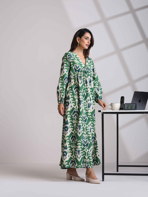 trueBrowns Green Cotton Ikat Flared Dress