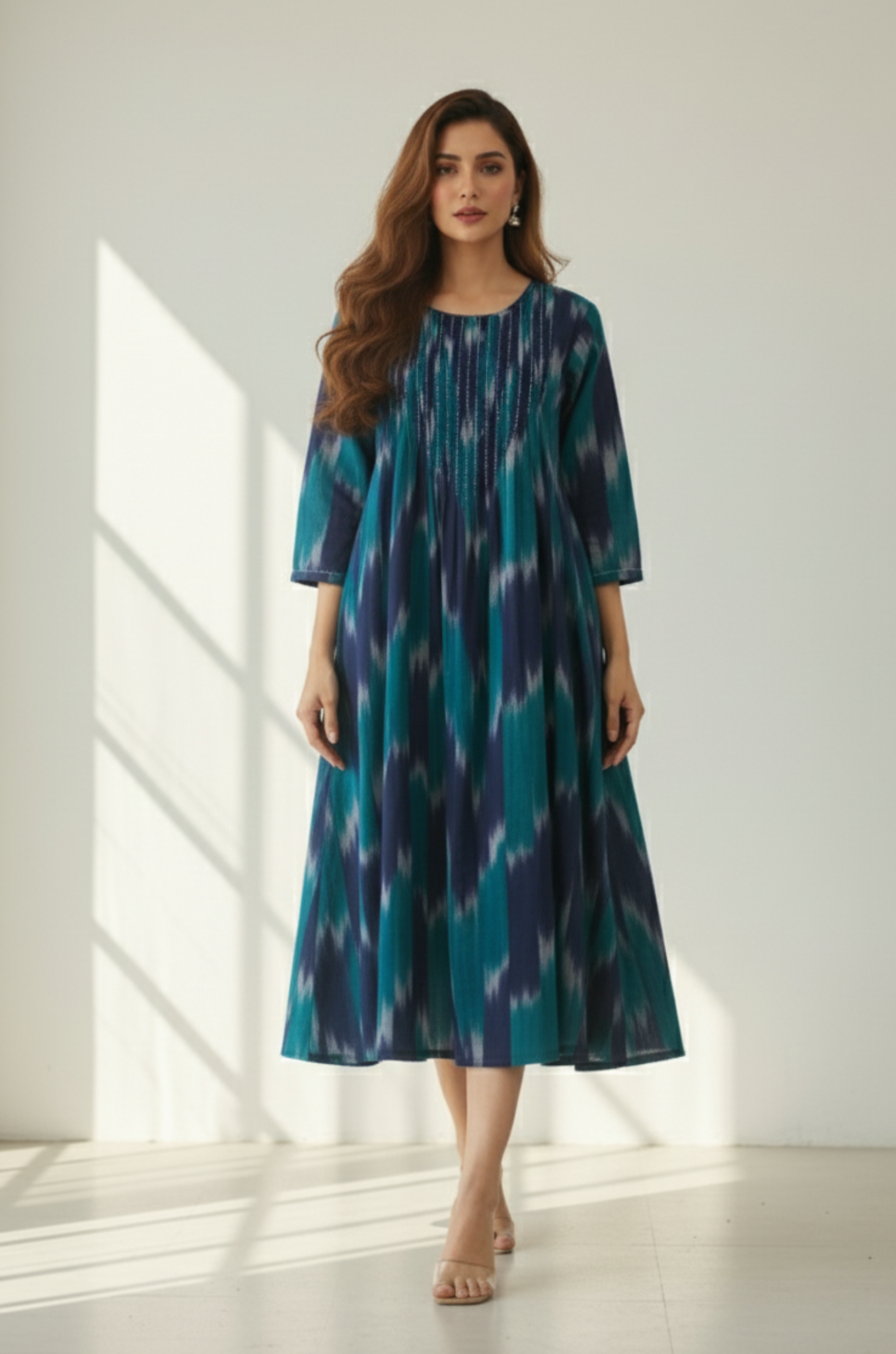 Maati  Teal Dusk Cotton Ikat Pintuck Long Dress